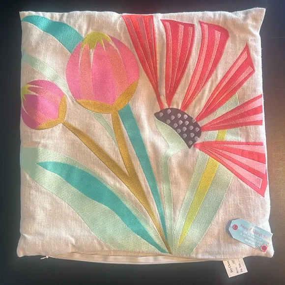 IZA Pearl Design “Garden Party” floral embroidered linen pillow-16”x16”-NWT